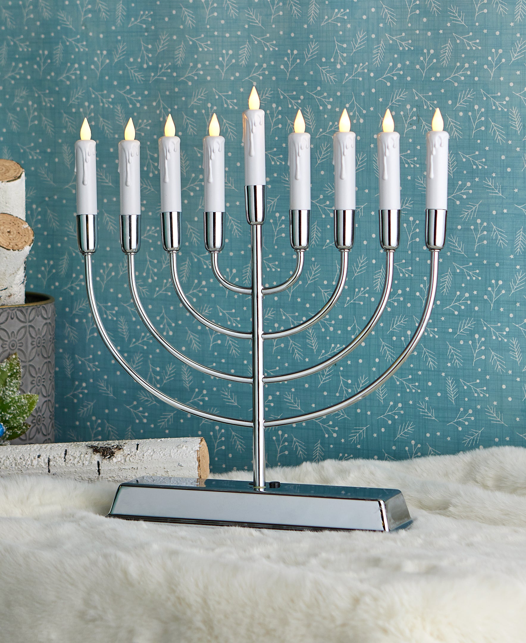 Flameless Menorah with 9 Taper Candles, Metal Base, Battery Operated