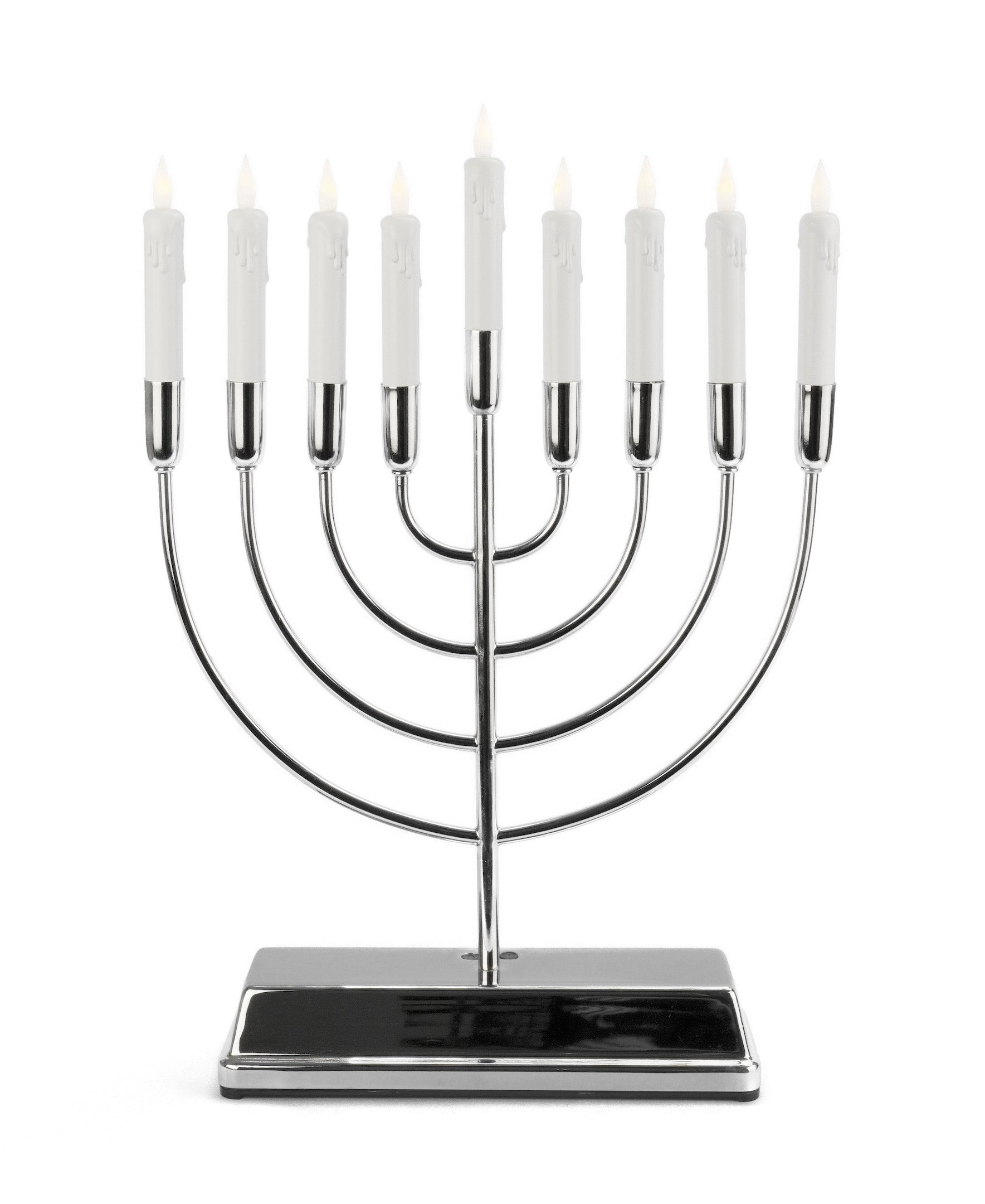 Flameless Menorah with 9 Taper Candles, Metal Base, Battery Operated