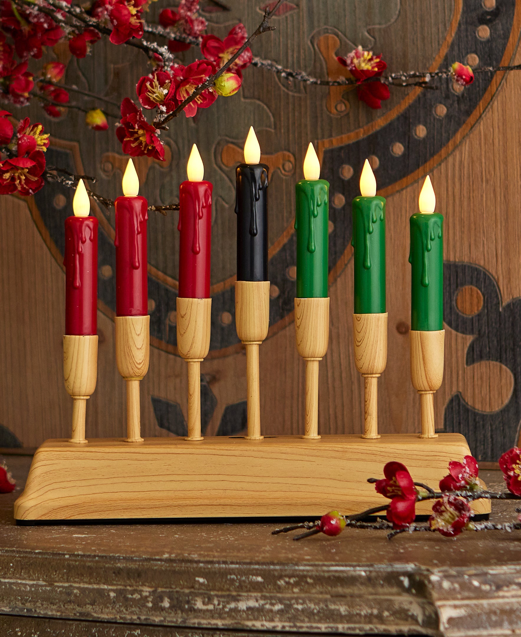 Kwanzaa Kinara with 7 Taper Candles, Metal Base, Battery Operated