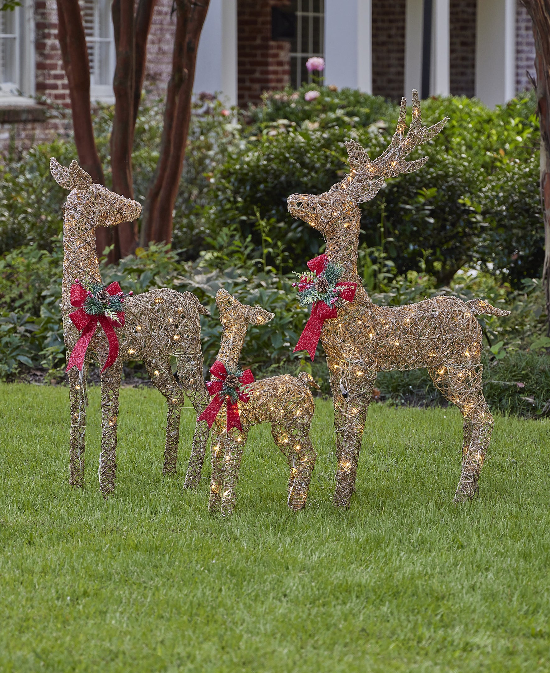 Lighted LED Deer Family with Red Bow, Set of 3