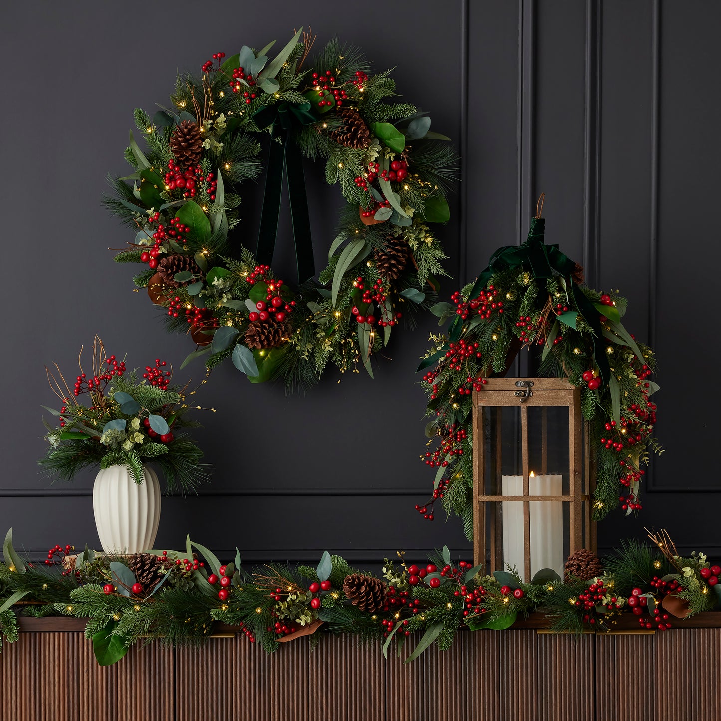 Magnolia Leaf, Eucalyptus, and Berry 19in Arrangement with Ceramic Pot