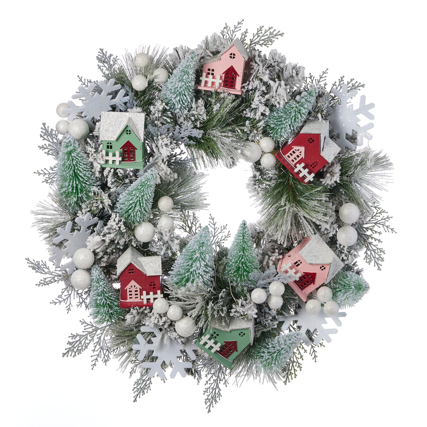 Snowy Cottage Wreath 26in Pre-Lit (Battery-Operated)