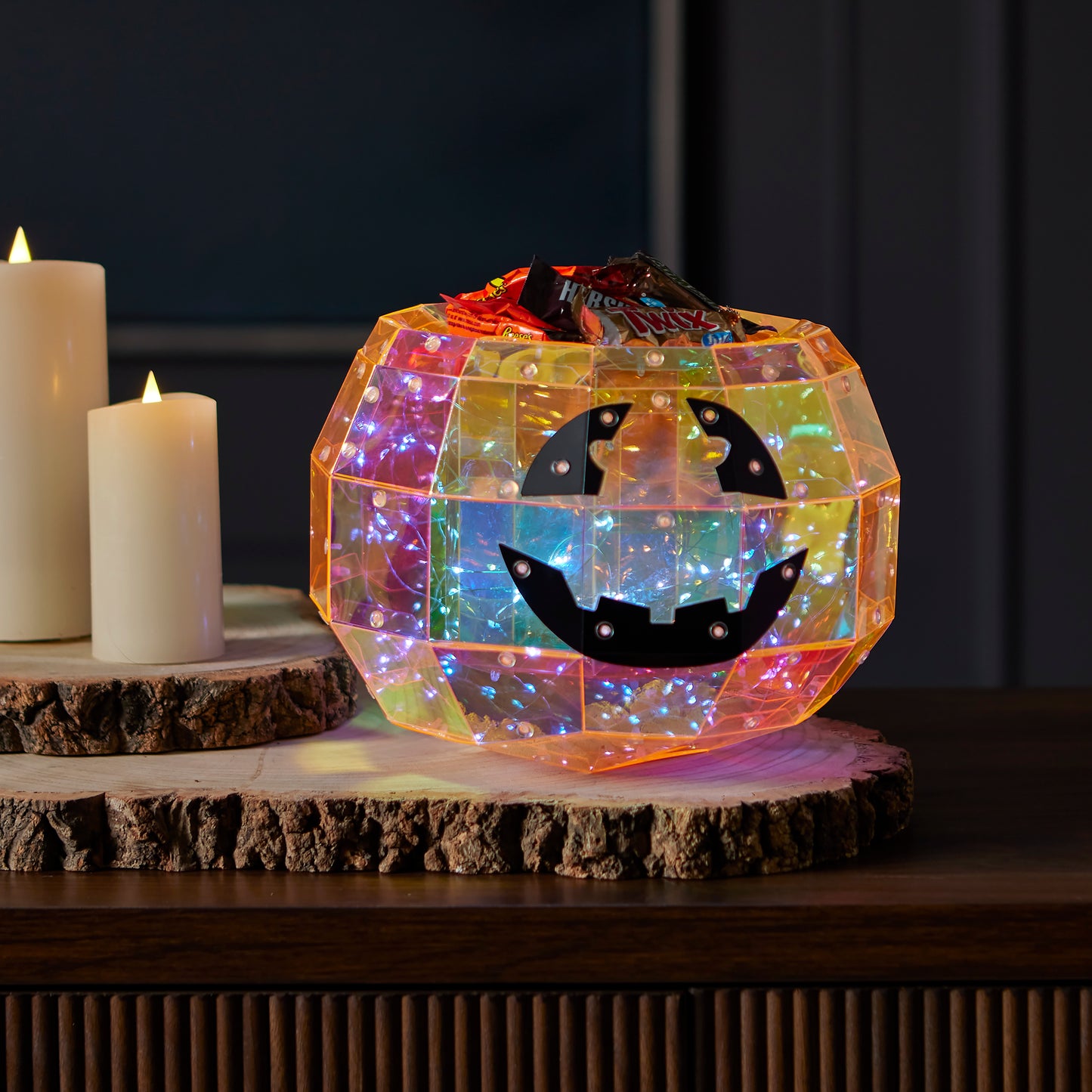 Prismatic Iridescent Pumpkin Candy Box 9", LED lights