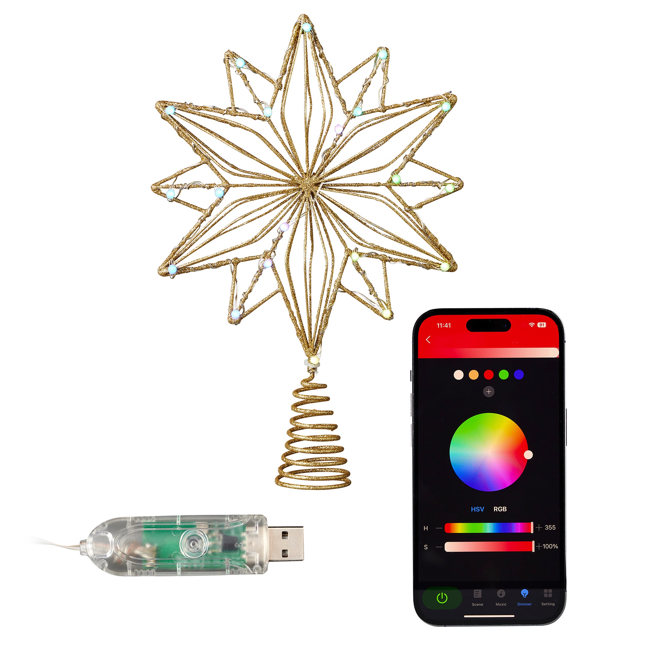 Vivvi App-Based Customizable, Color-Changing 8" Christmas Copper Star Tree Topper