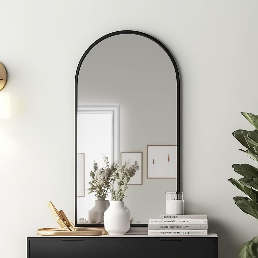 Black Arched Wall Mirror 42x24 Inches With Iron Frame