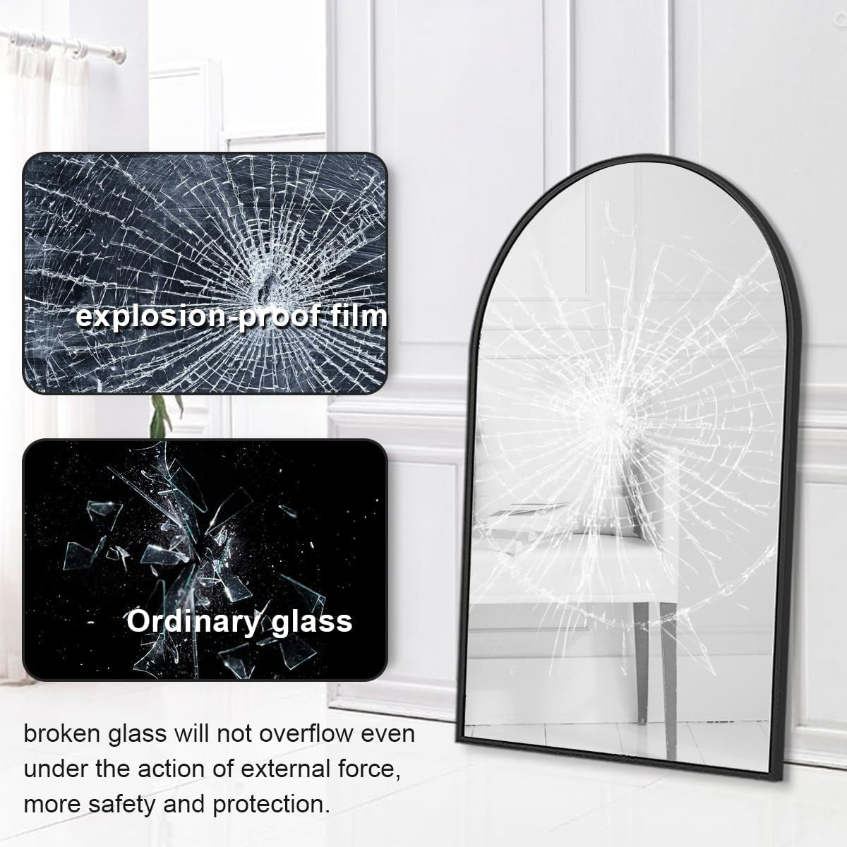 Black Arched Wall Mirror 42x24 Inches With Iron Frame