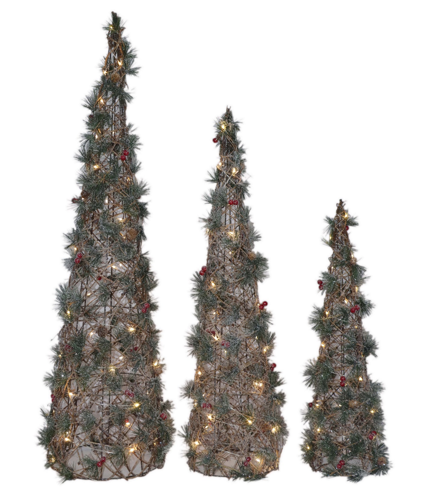 Cone Trees with Greenery Pre-Lit - Set of 3