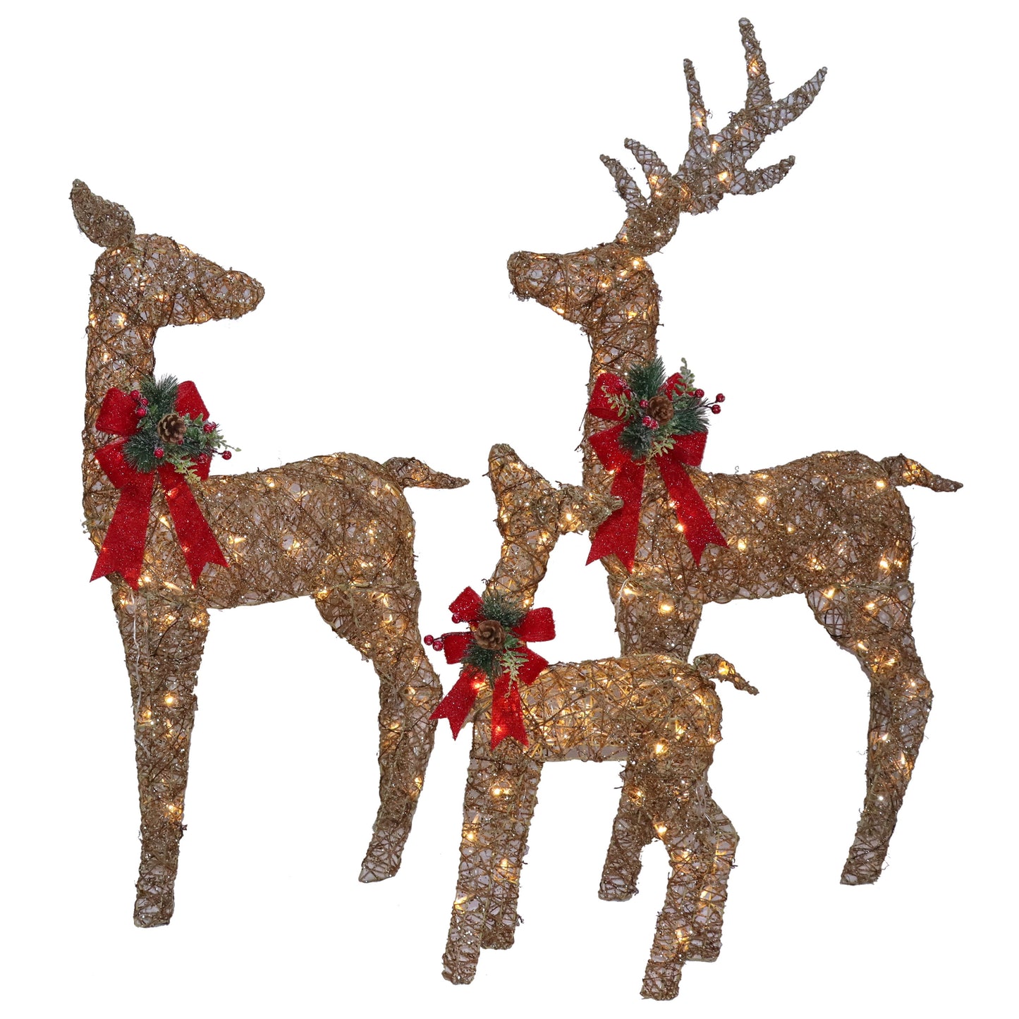 Natural Rattan & Hemp Rope Reindeer Family Pre-Lit - Set of 3