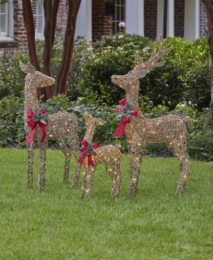 Natural Rattan & Hemp Rope Reindeer Family Pre-Lit - Set of 3