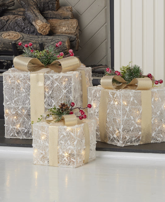 White Glitter Giftbox Pre-Lit Set of 3