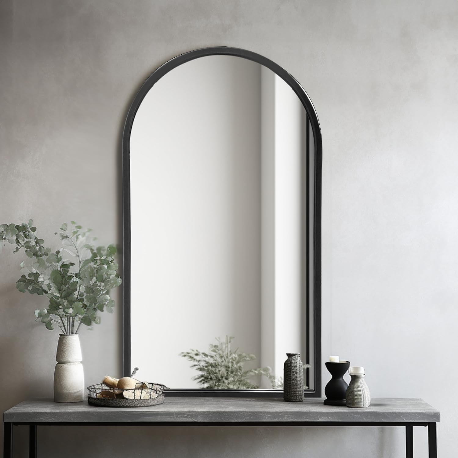 Black Arched Wall Mirror 42x24 Inches With Iron Frame