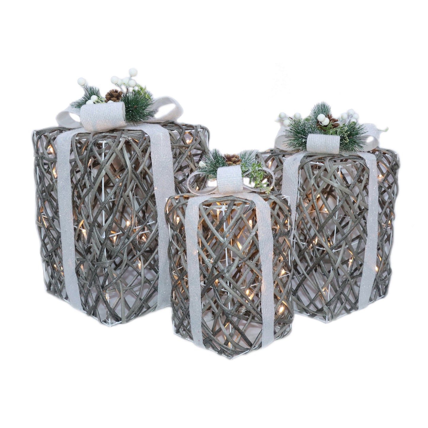 Artificial Rattan Giftbox Set Pre-Lit Set of 3