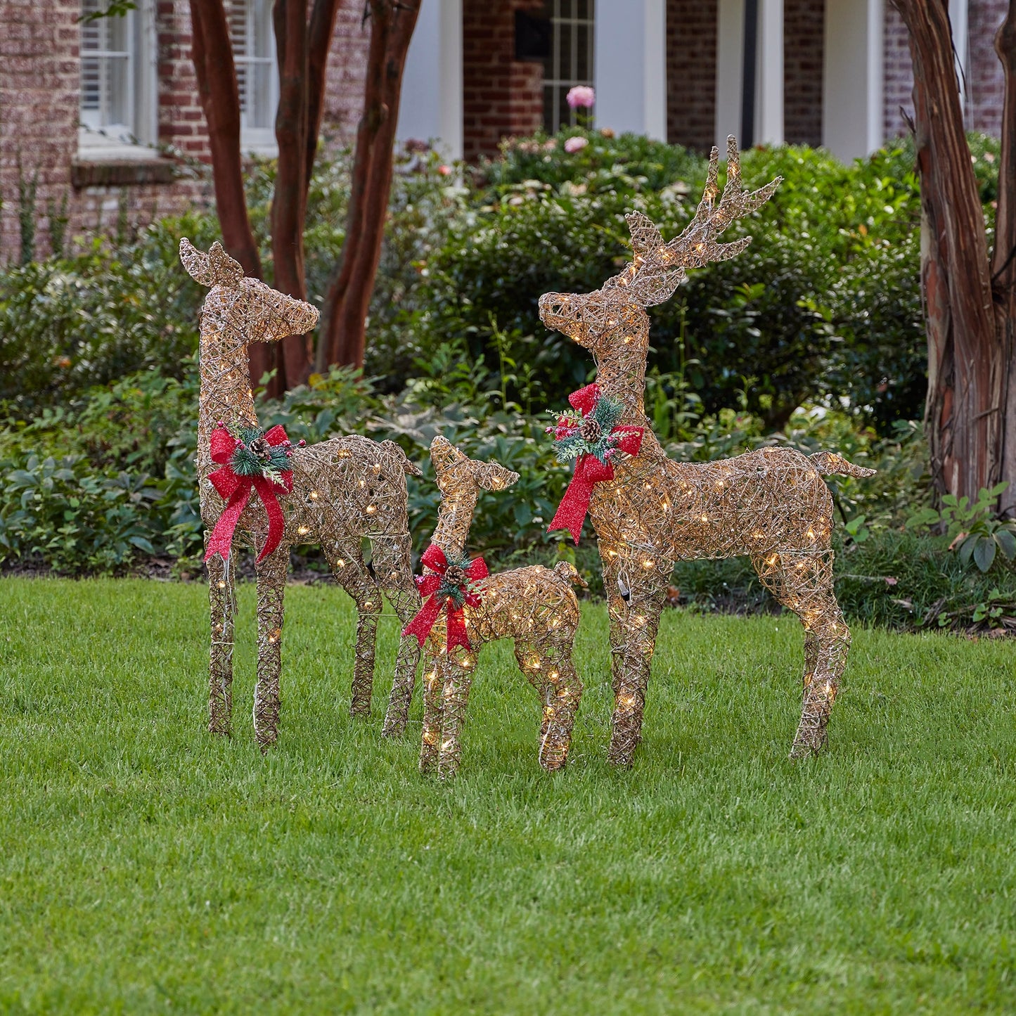 Natural Rattan & Hemp Rope Reindeer Family Pre-Lit - Set of 3