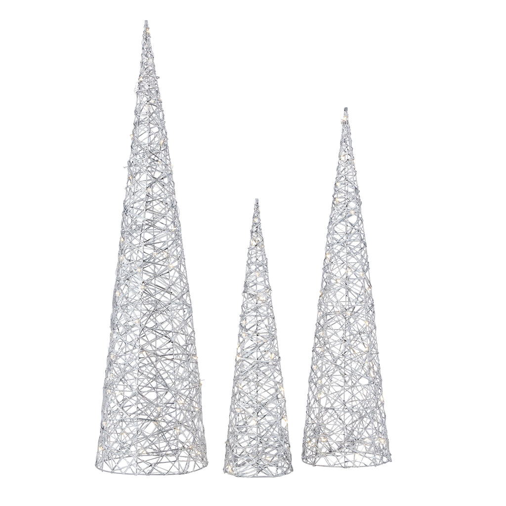Metallic Silver 3pc Cone Set with Warm White LED Lights (Battery-Operated)