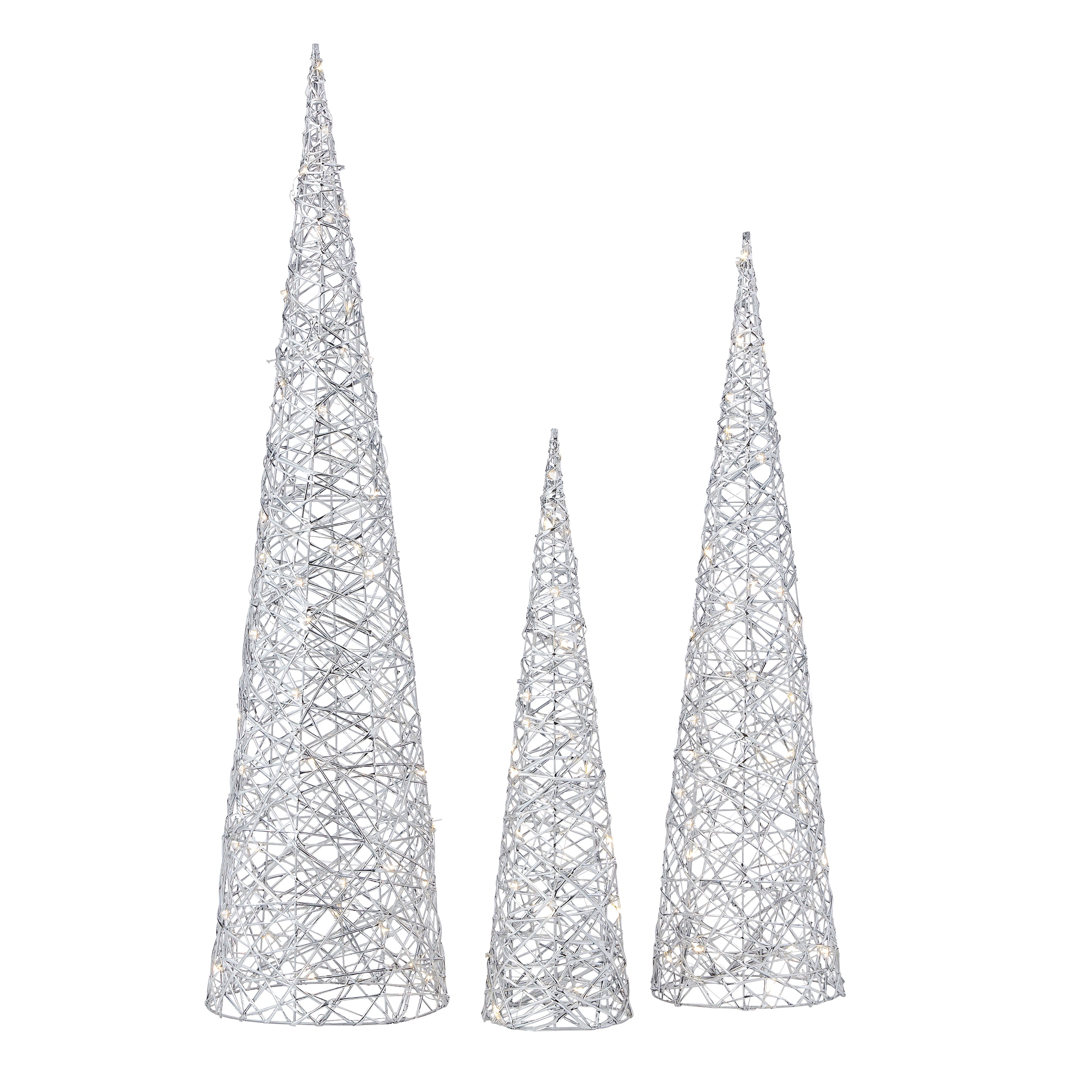 Metallic Silver 3pc Cone Set with Warm White LED Lights (Battery-Operated)