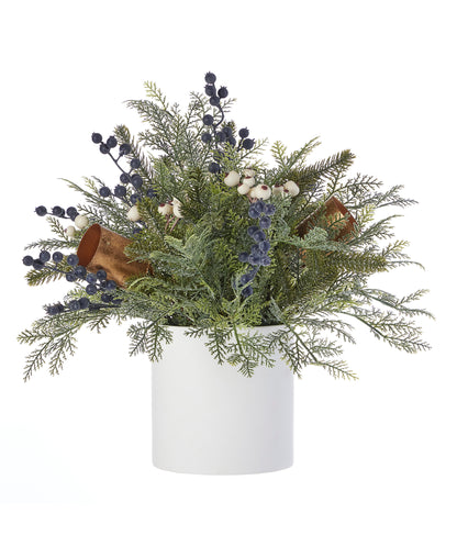 Mixed Mica Foliage with Blueberries and Harmony Bells 19in Arrangement in Ceramic Pot