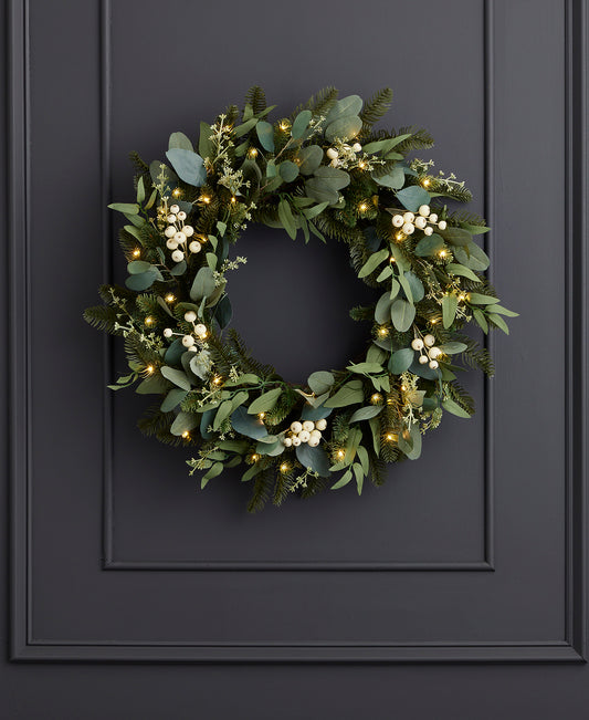 Eucalyptus and White Berry 24in Wreath, Pre-Lit with 35 LED Fairy Lights (Battery-Operated)
