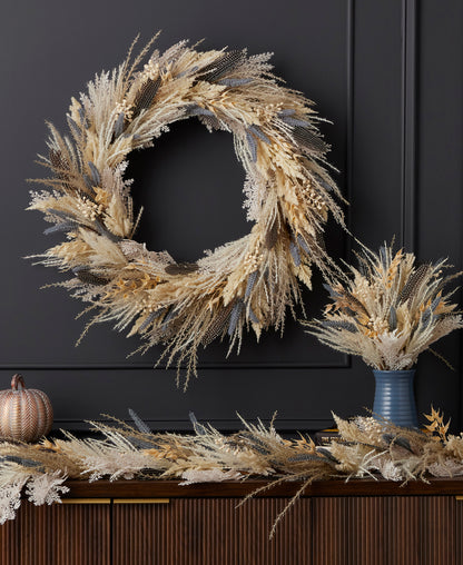 Fall Fields Bouquet with Feathers and Pampas 28in Wreath