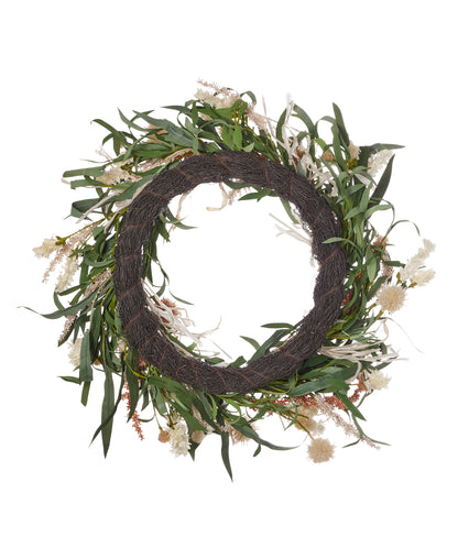 Globe Thistle Medley 24in  Wreath, w/ Artificial Millet, Powder Puff, & Wild Grasses