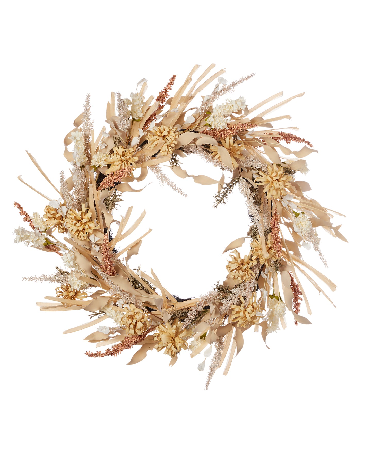 Golden Wild Flower 26in Wreath, w/ Artificial Flax Grass, Mini Mums, Wild Delphinum, & Millet