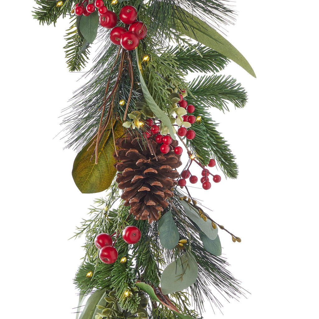 Magnolia Leaf, Eucalyptus, and Berry 9ft Garland (Battery-Operated)