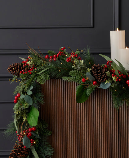 Magnolia Leaf, Eucalyptus, and Berry 9ft Garland, Pre-Lit with 50 LED Fairy Lights (Battery-Operated)