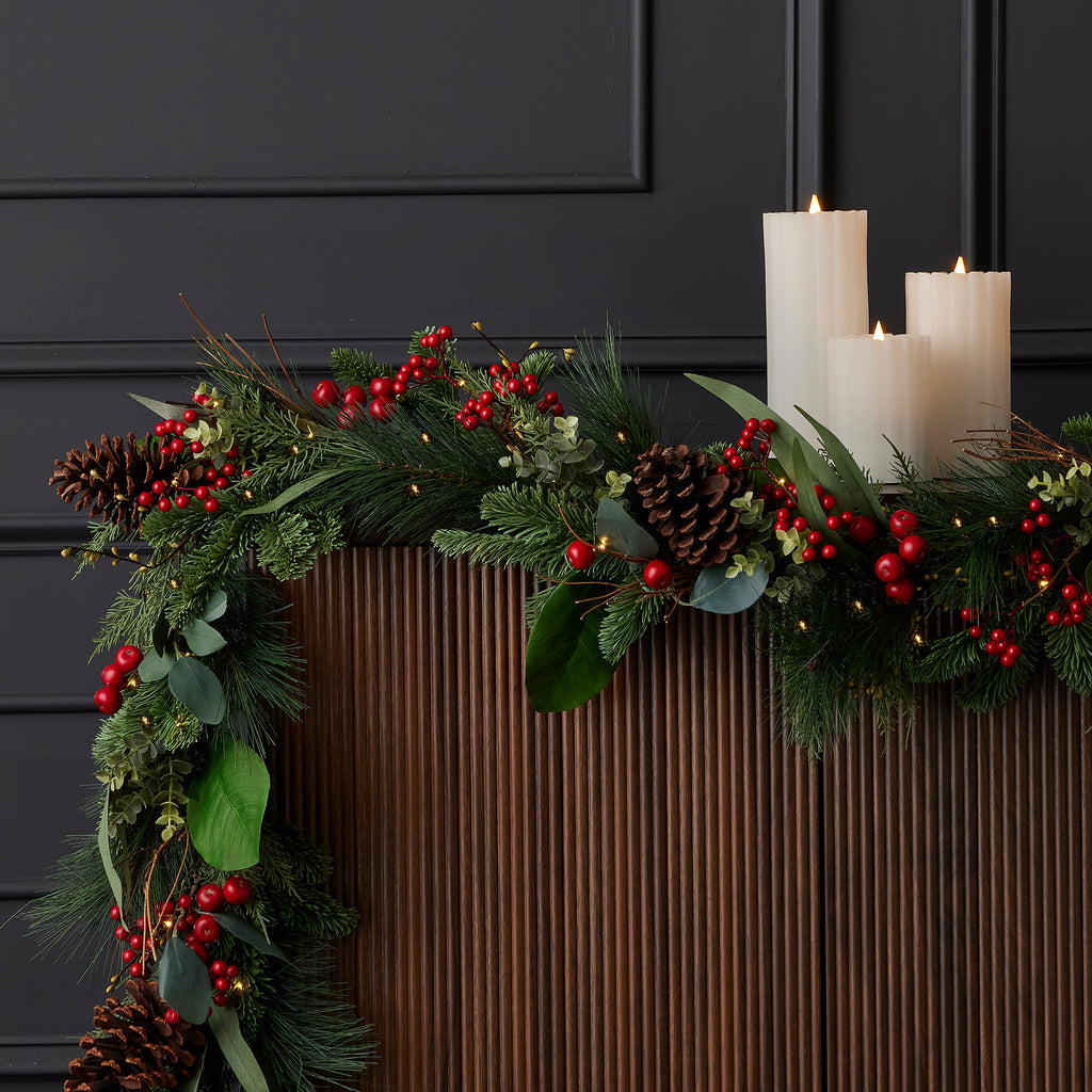 Magnolia Leaf, Eucalyptus, and Berry 9ft Garland (Battery-Operated)