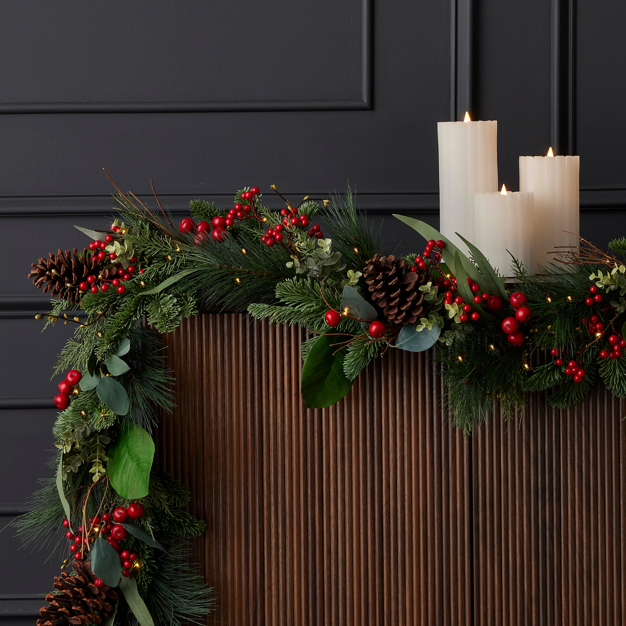 Magnolia Leaf, Eucalyptus, and Berry 9ft Garland (Battery-Operated)