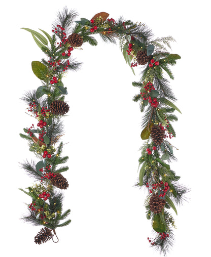 Magnolia Leaf, Eucalyptus, and Berry 9ft Garland, Pre-Lit with 50 LED Fairy Lights (Battery-Operated)