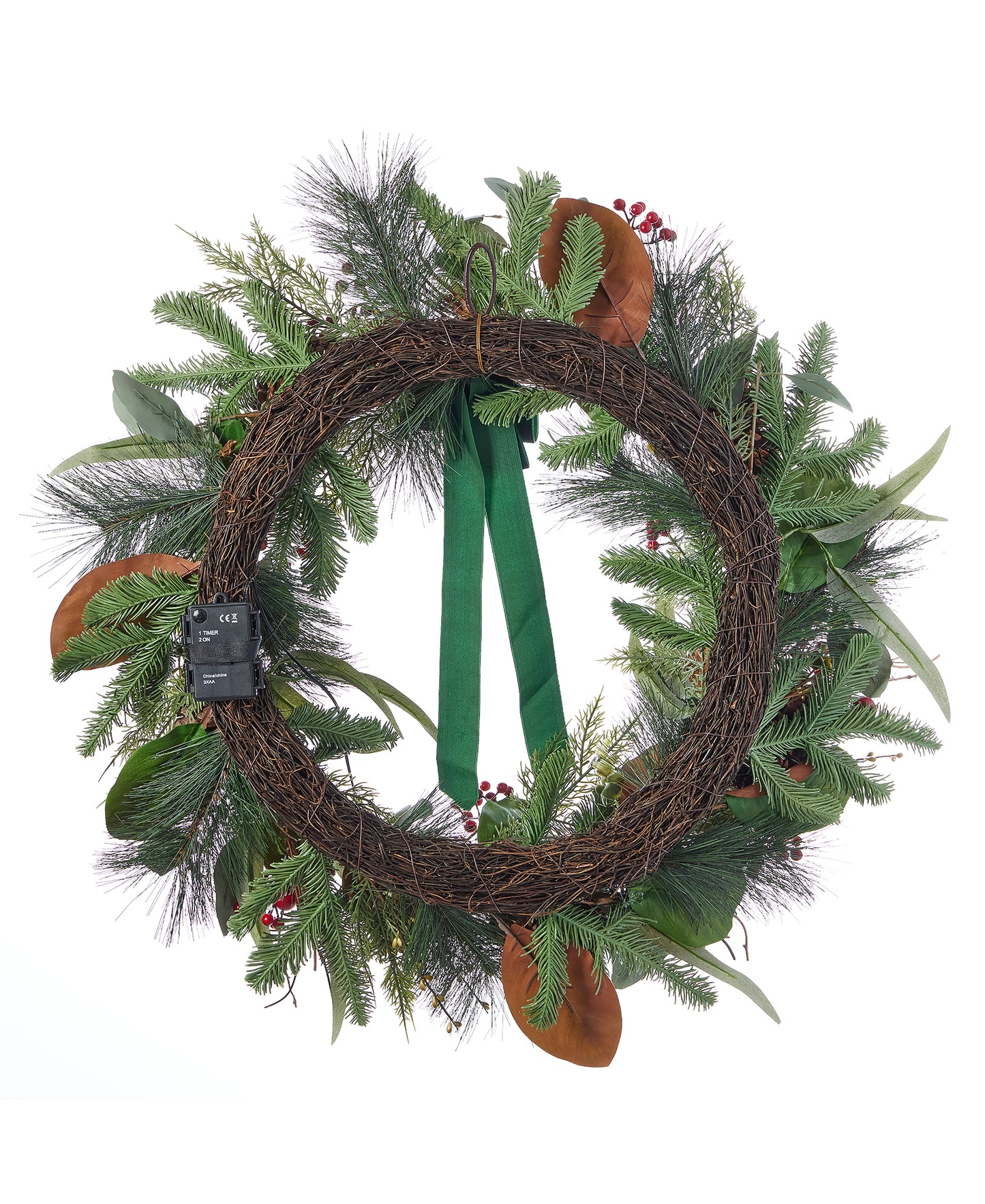 Magnolia Leaf, Eucalyptus, and Berry 28in Wreath, Pre-Lit with 35 LED Fairy Lights (Battery-Operated)