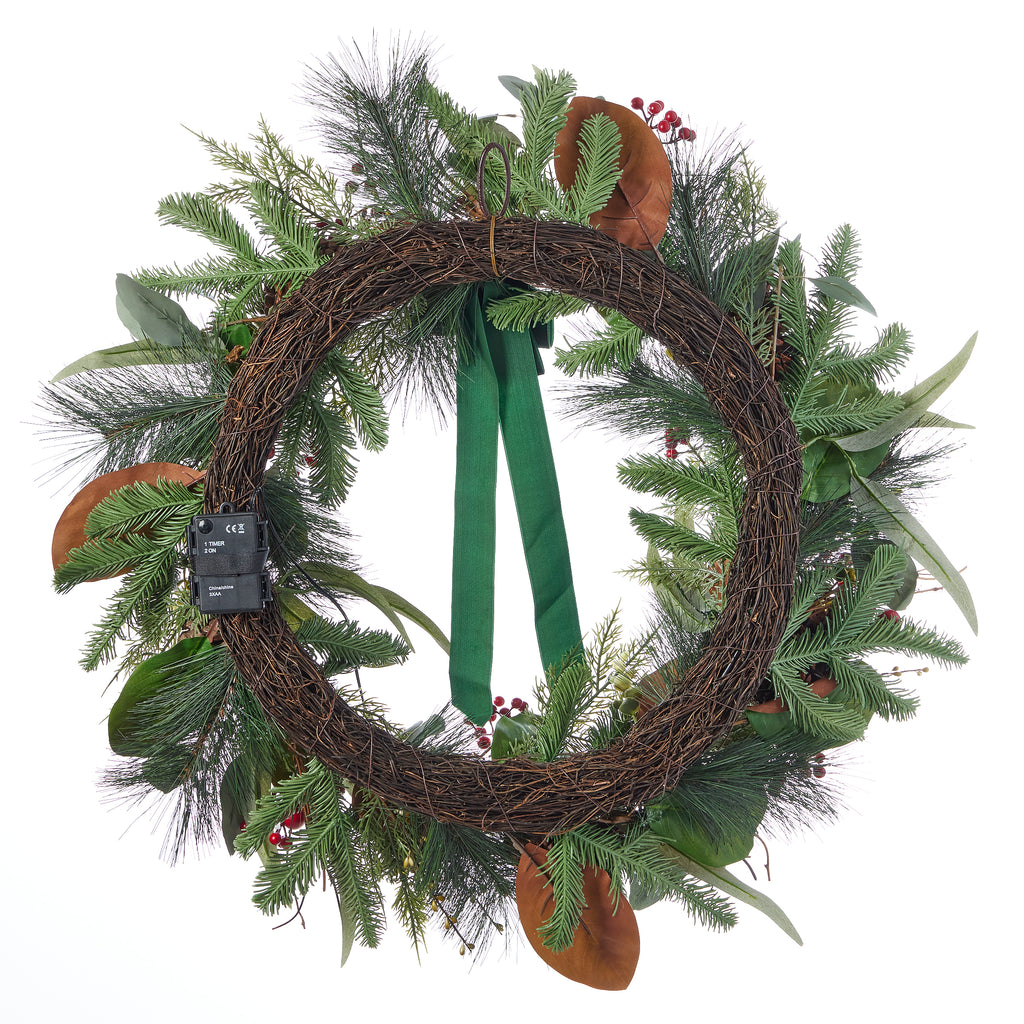 Magnolia Leaf, Eucalyptus, and Berry 28in Wreath (Battery-Operated)
