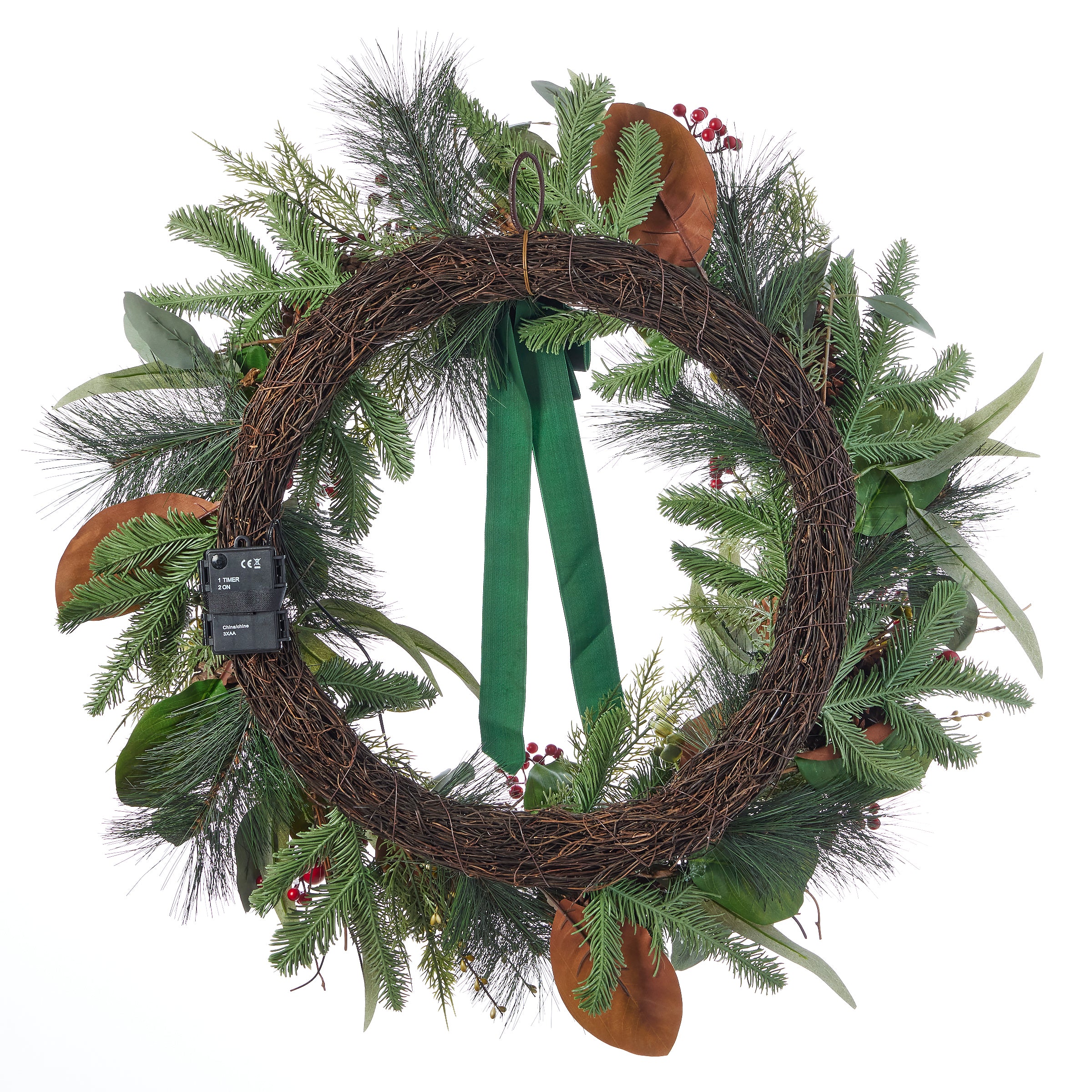 Magnolia Leaf, Eucalyptus, and Berry 28in Wreath (Battery-Operated)