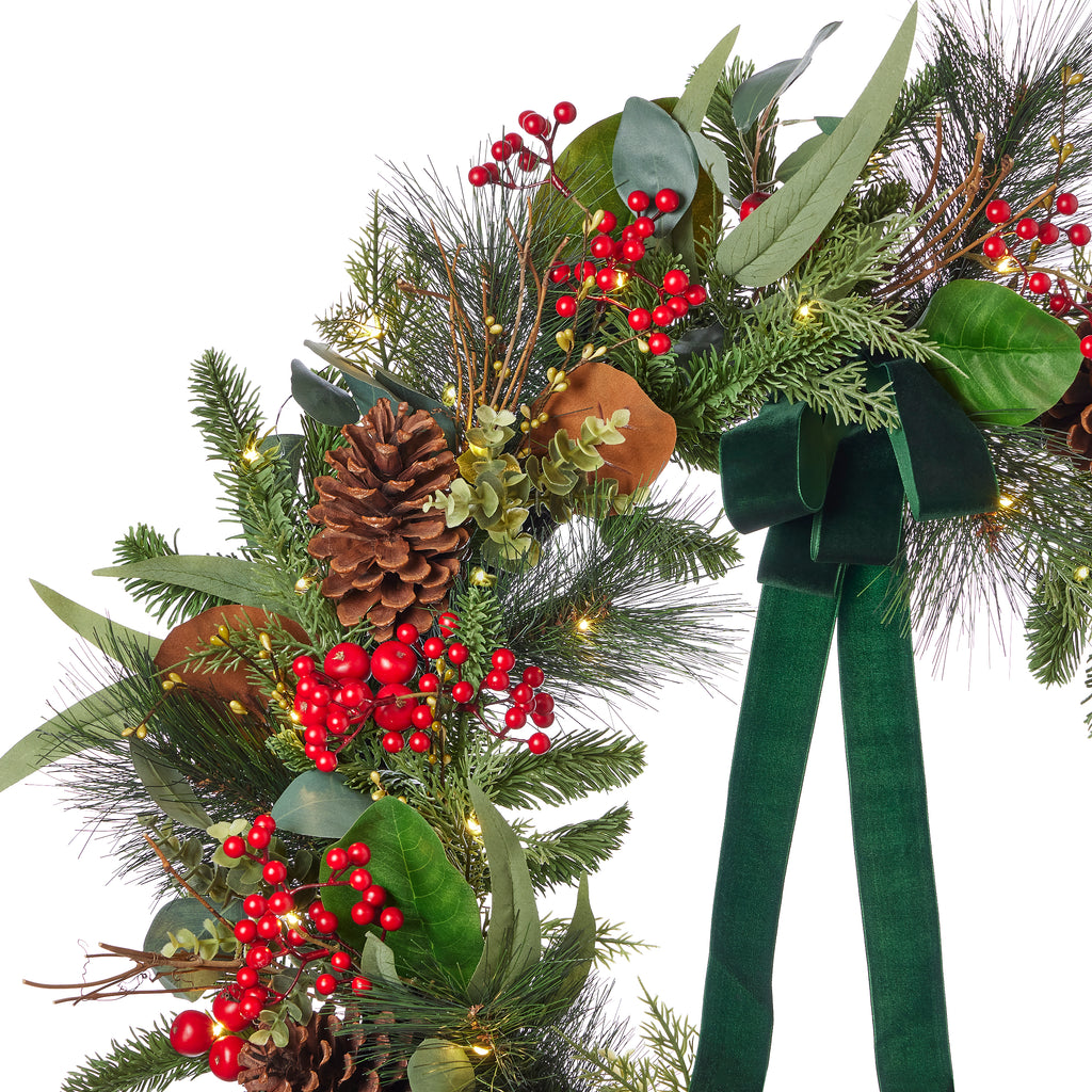 Magnolia Leaf, Eucalyptus, and Berry 28in Wreath (Battery-Operated)