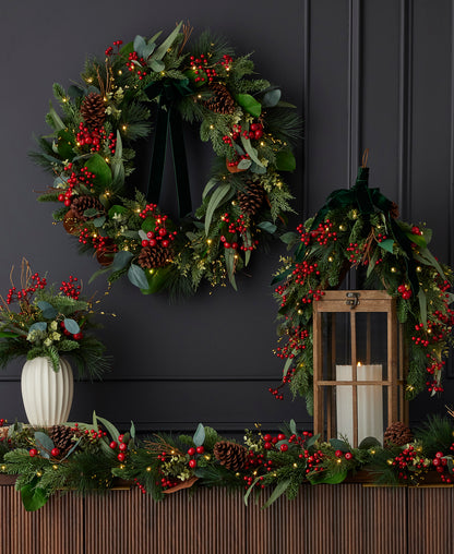 Magnolia Leaf, Eucalyptus, and Berry 28in Wreath, Pre-Lit with 35 LED Fairy Lights (Battery-Operated)