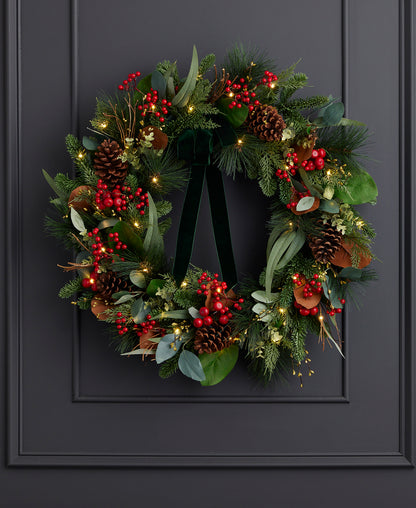 Magnolia Leaf, Eucalyptus, and Berry 28in Wreath, Pre-Lit with 35 LED Fairy Lights (Battery-Operated)