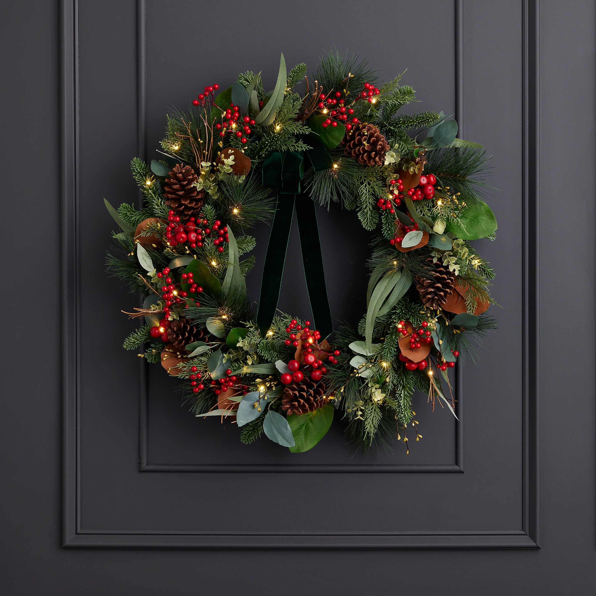 Magnolia Leaf, Eucalyptus, and Berry 28in Wreath (Battery-Operated)