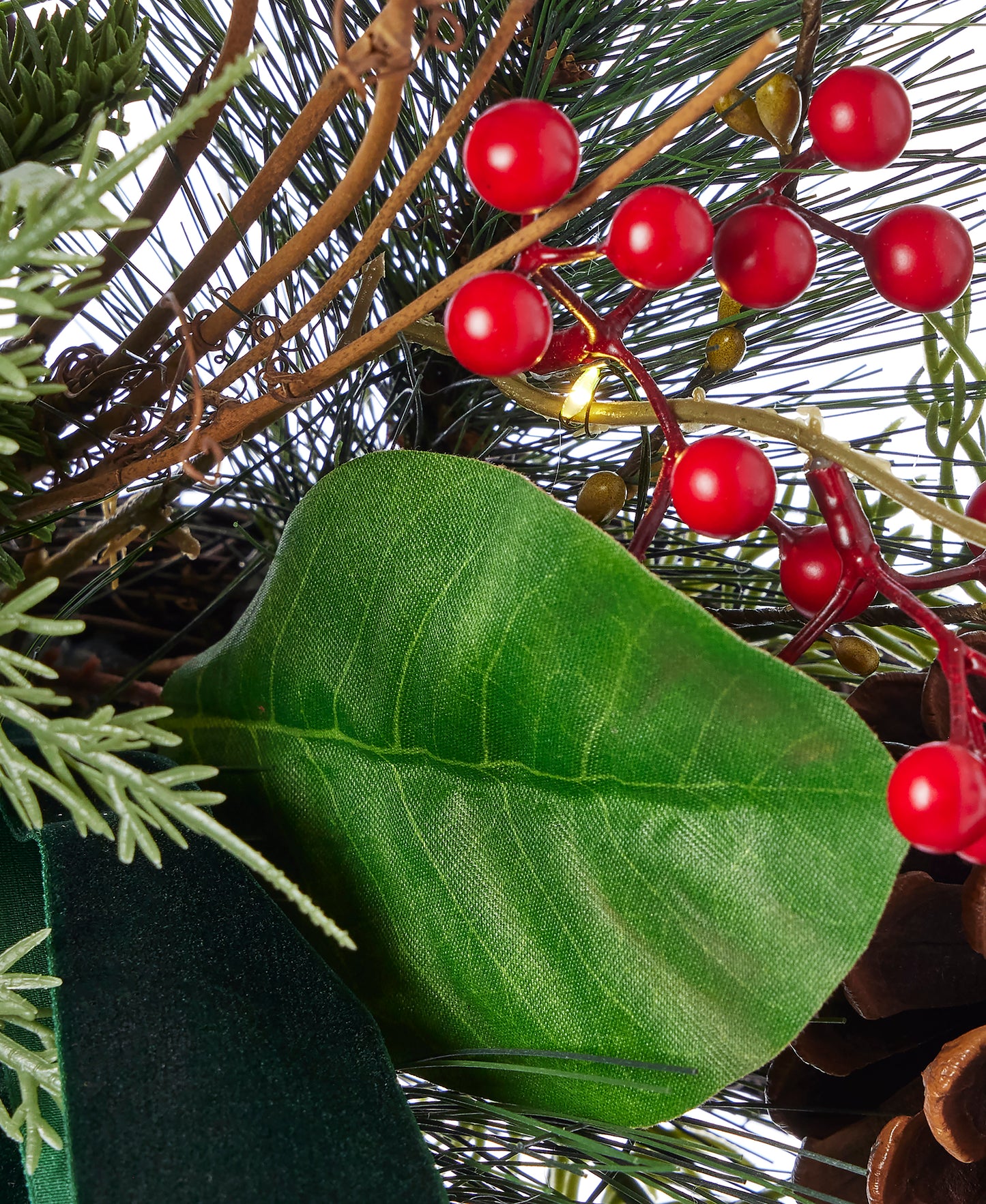 Magnolia Leaf, Eucalyptus, and Berry 28in Wreath, Pre-Lit with 35 LED Fairy Lights (Battery-Operated)