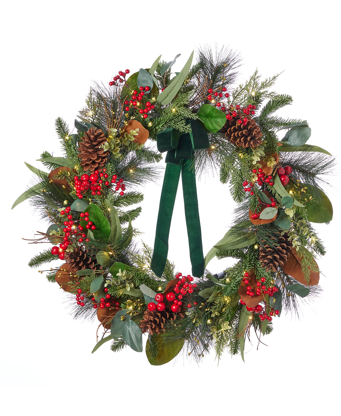 Magnolia Leaf, Eucalyptus, and Berry 28in Wreath, Pre-Lit with 35 LED Fairy Lights (Battery-Operated)