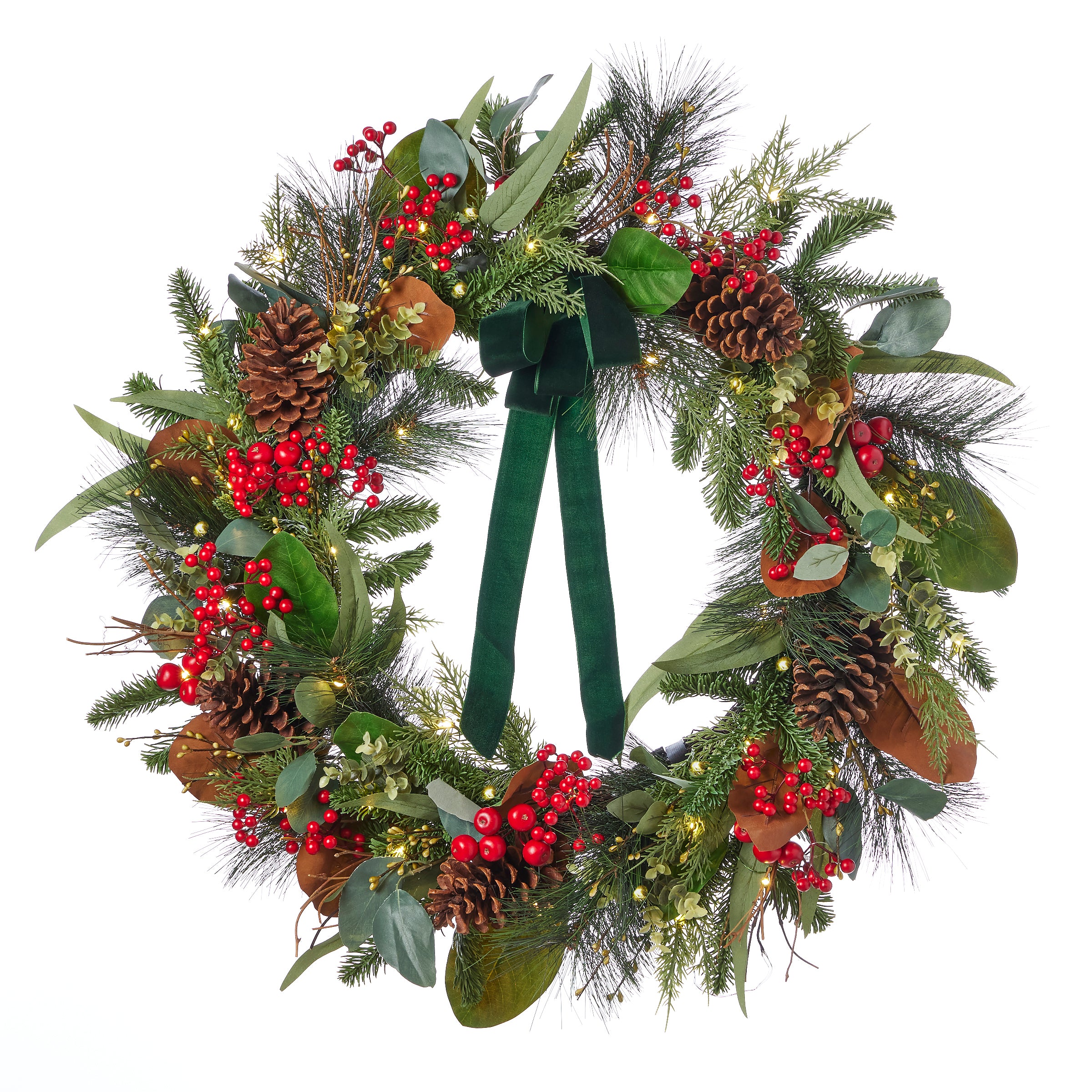 Magnolia Leaf, Eucalyptus, and Berry 28in Wreath (Battery-Operated)