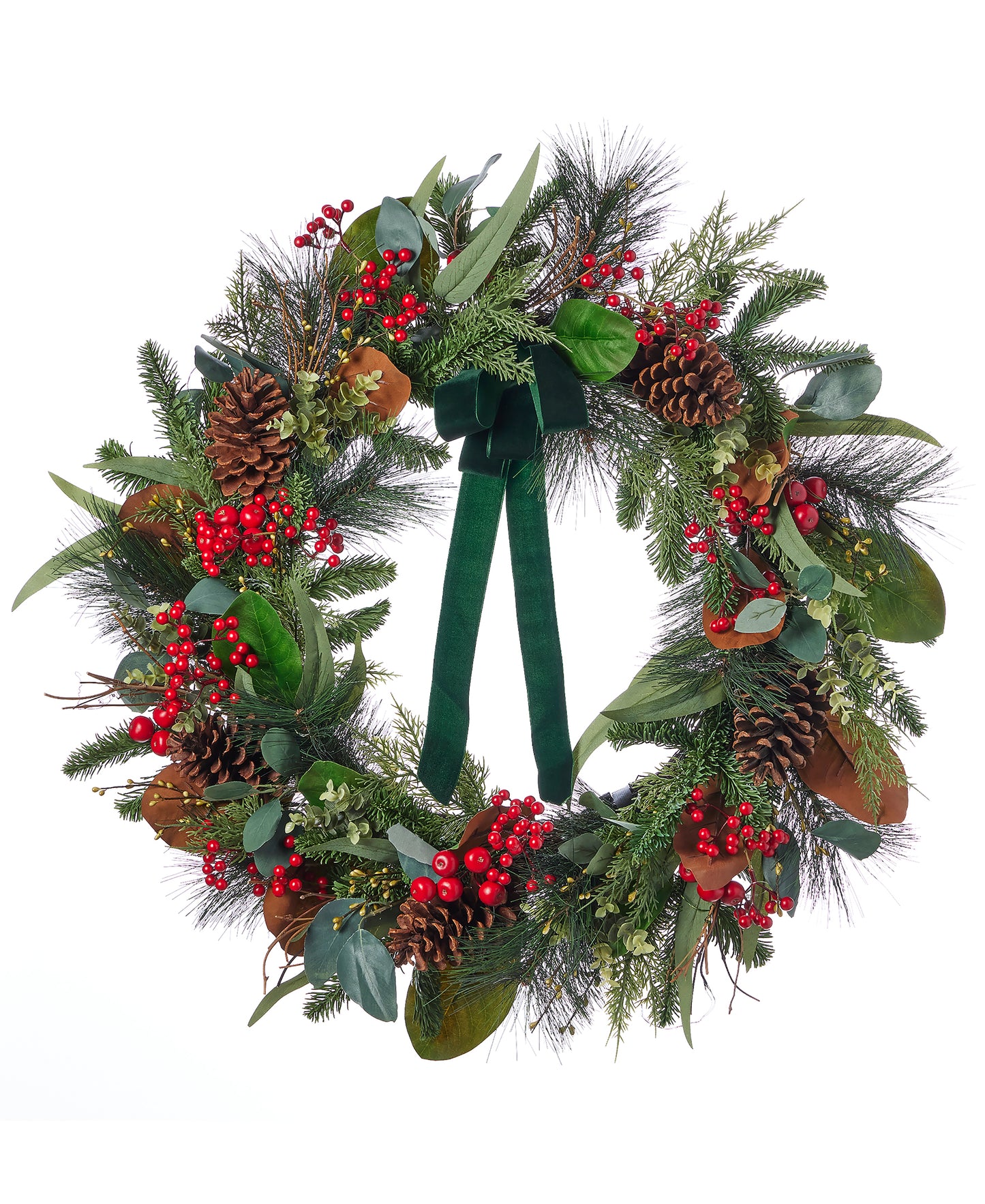 Magnolia Leaf, Eucalyptus, and Berry 28in Wreath, Pre-Lit with 35 LED Fairy Lights (Battery-Operated)