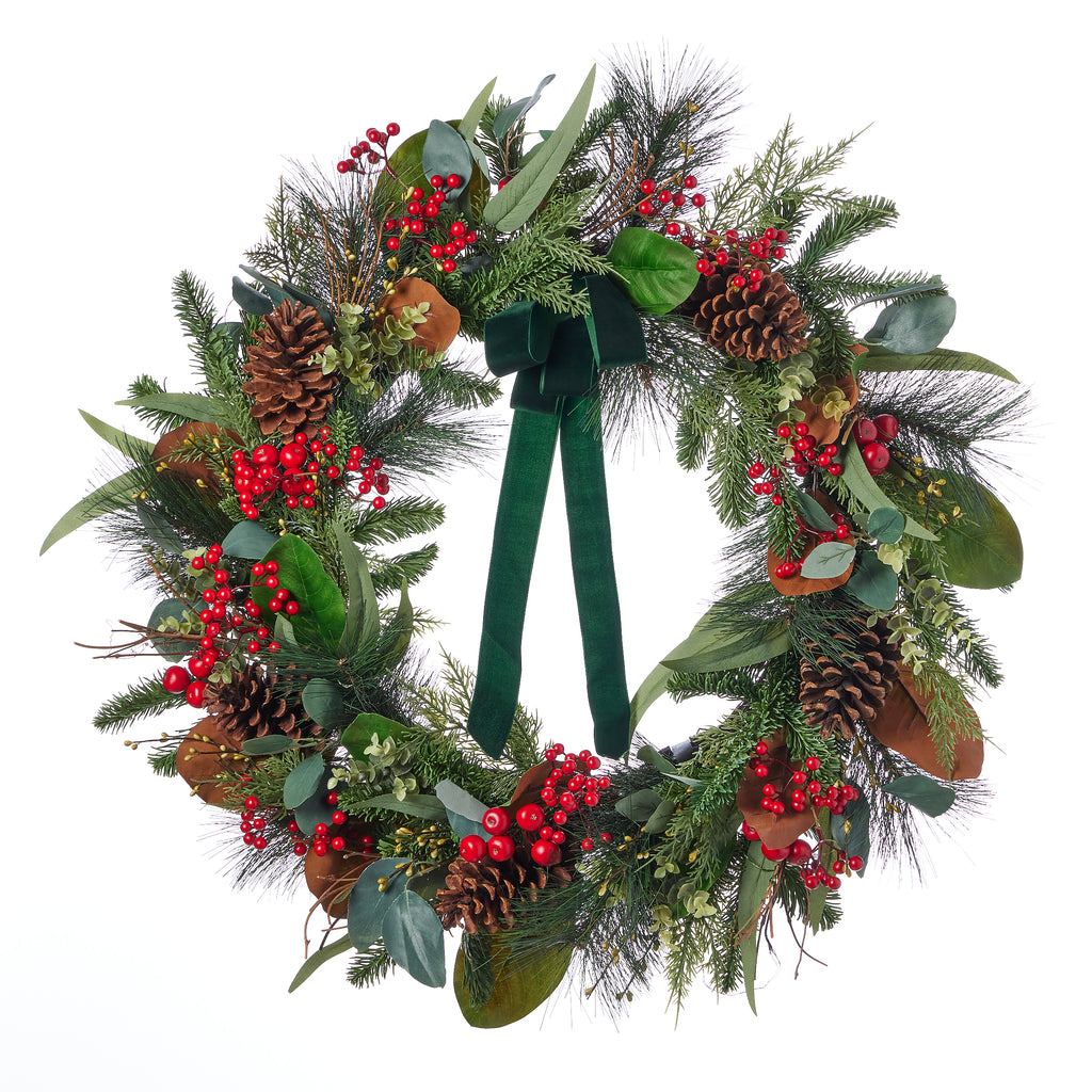 Magnolia Leaf, Eucalyptus, and Berry 28in Wreath (Battery-Operated)