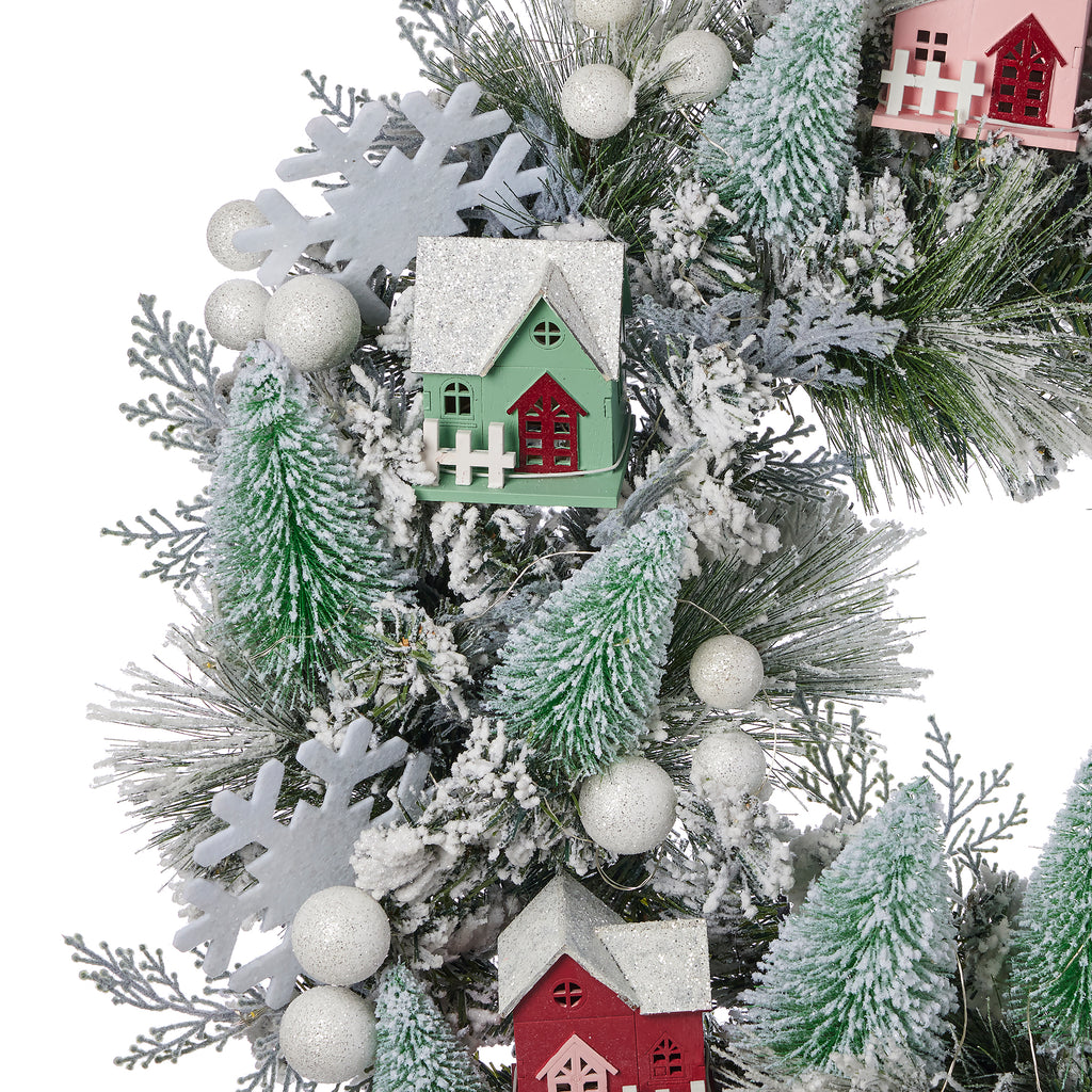 Snowy Cottage Wreath 26in Pre-Lit (Battery-Operated)