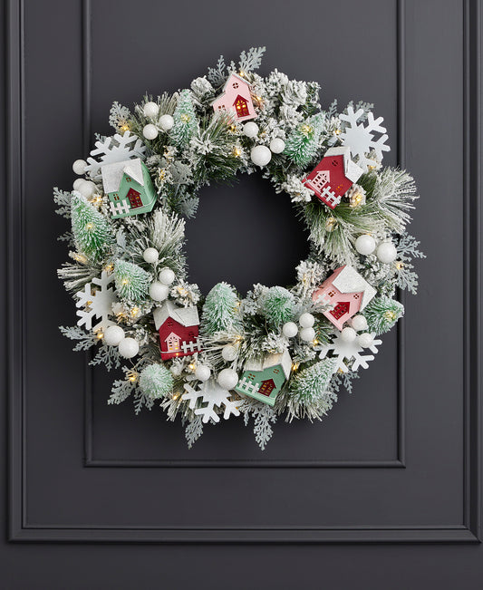 Snowy Cottage Wreath 26in Pre-Lit with 50 LED Fairy Lights (Battery-Operated)