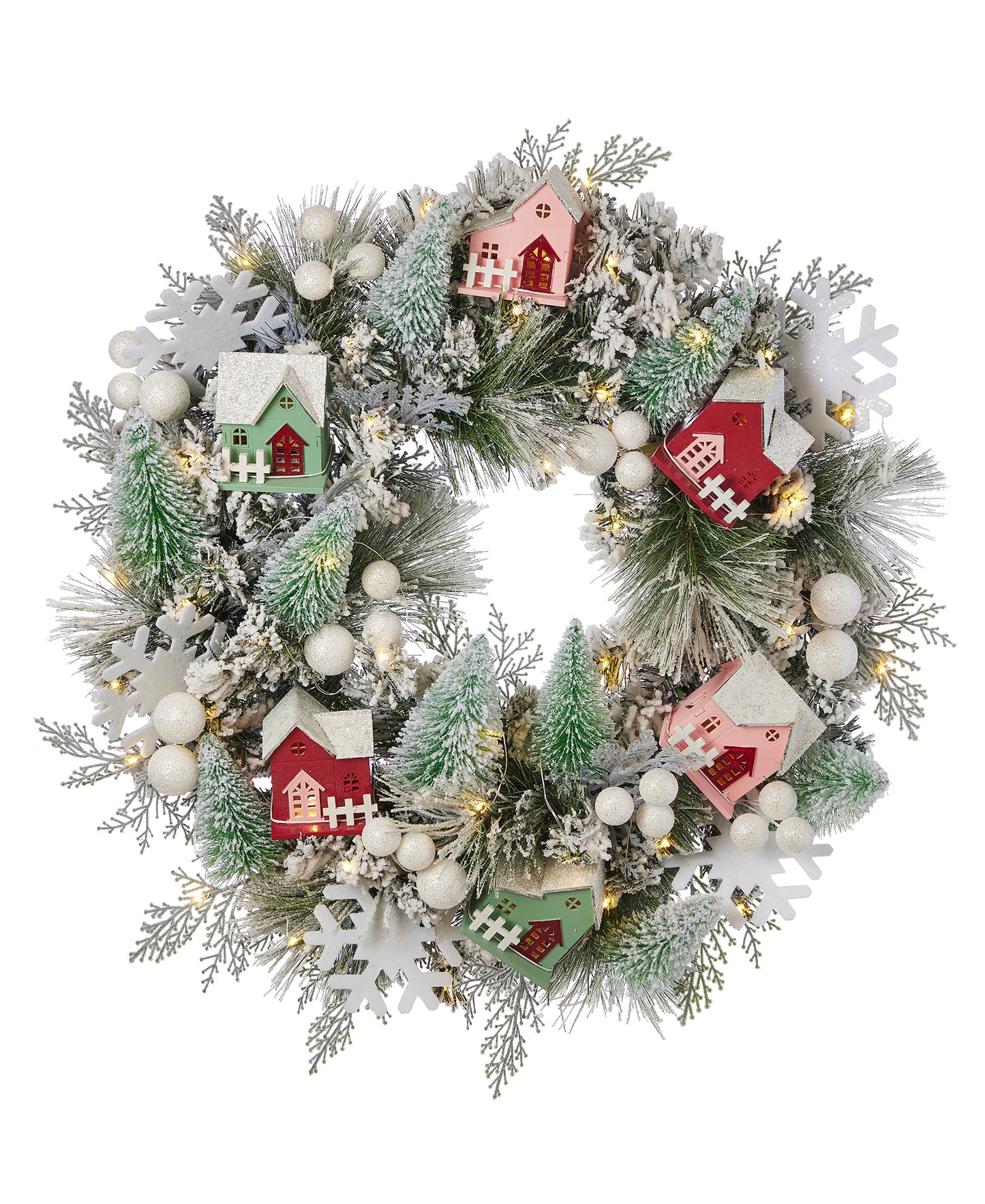 Snowy Cottage Wreath 26in Pre-Lit with 50 LED Fairy Lights (Battery-Operated)