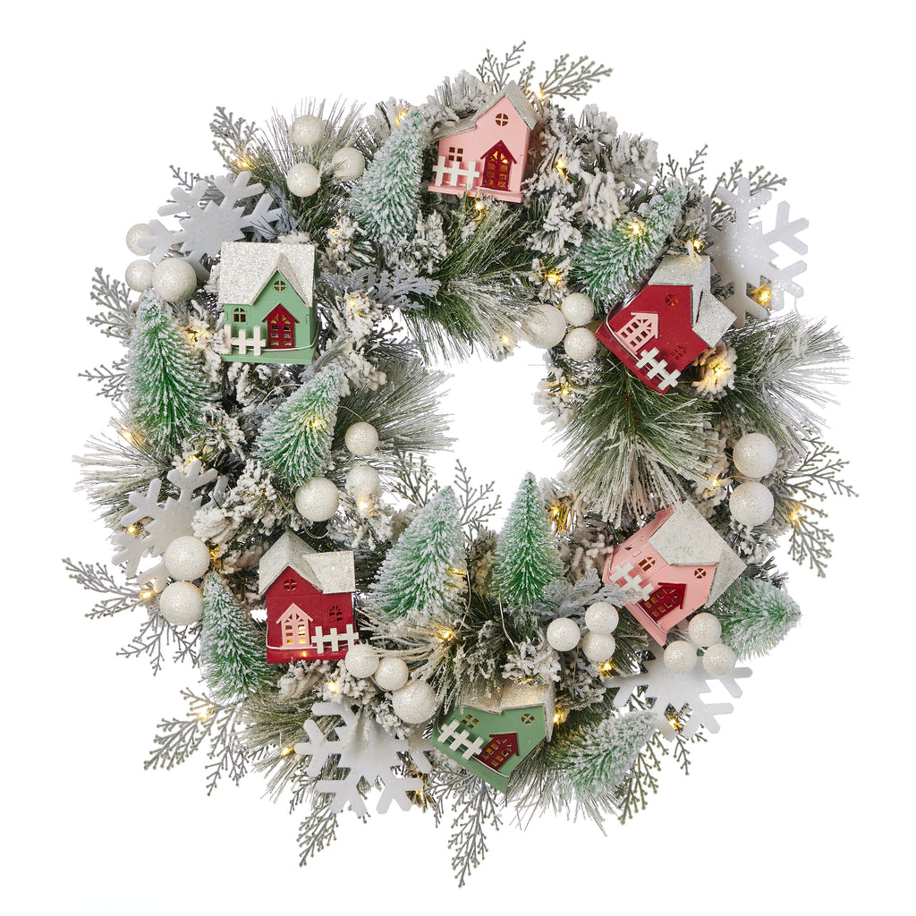 Snowy Cottage Wreath 26in Pre-Lit (Battery-Operated)