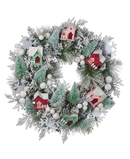 Snowy Cottage Wreath 26in Pre-Lit with 50 LED Fairy Lights (Battery-Operated)