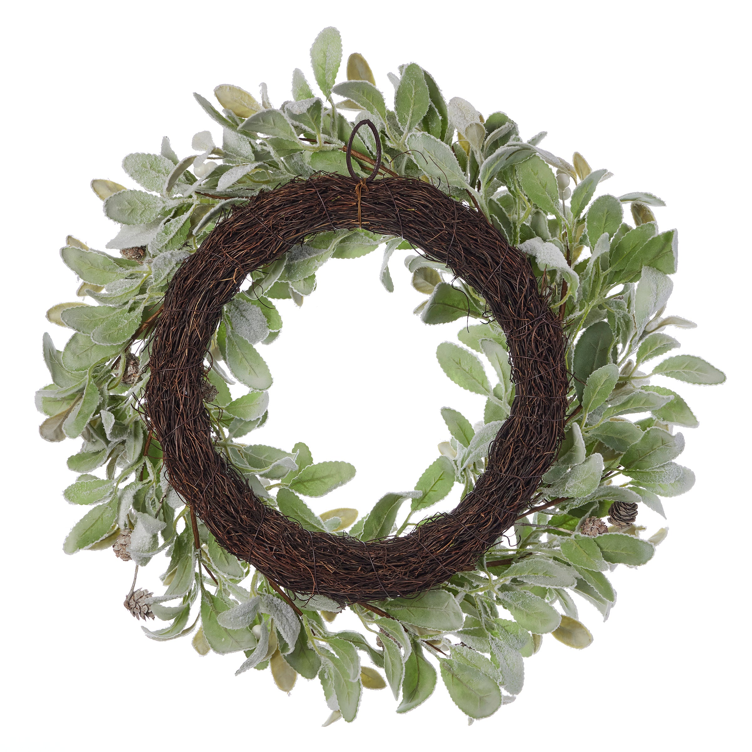 Snowy Lambs Ear and Holly Berry 24in Wreath-White (Unlit)