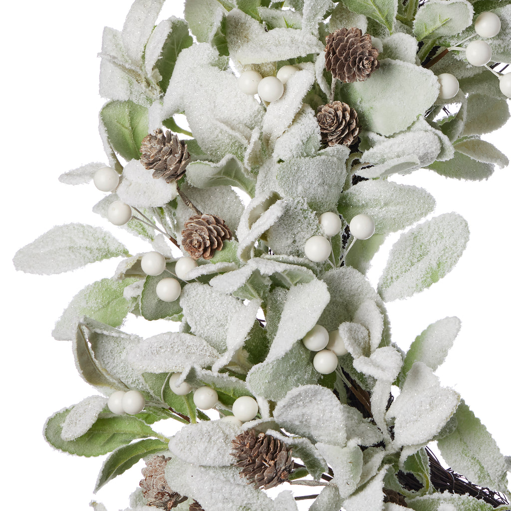 Snowy Lambs Ear and Holly Berry 24in Wreath-White (Unlit)