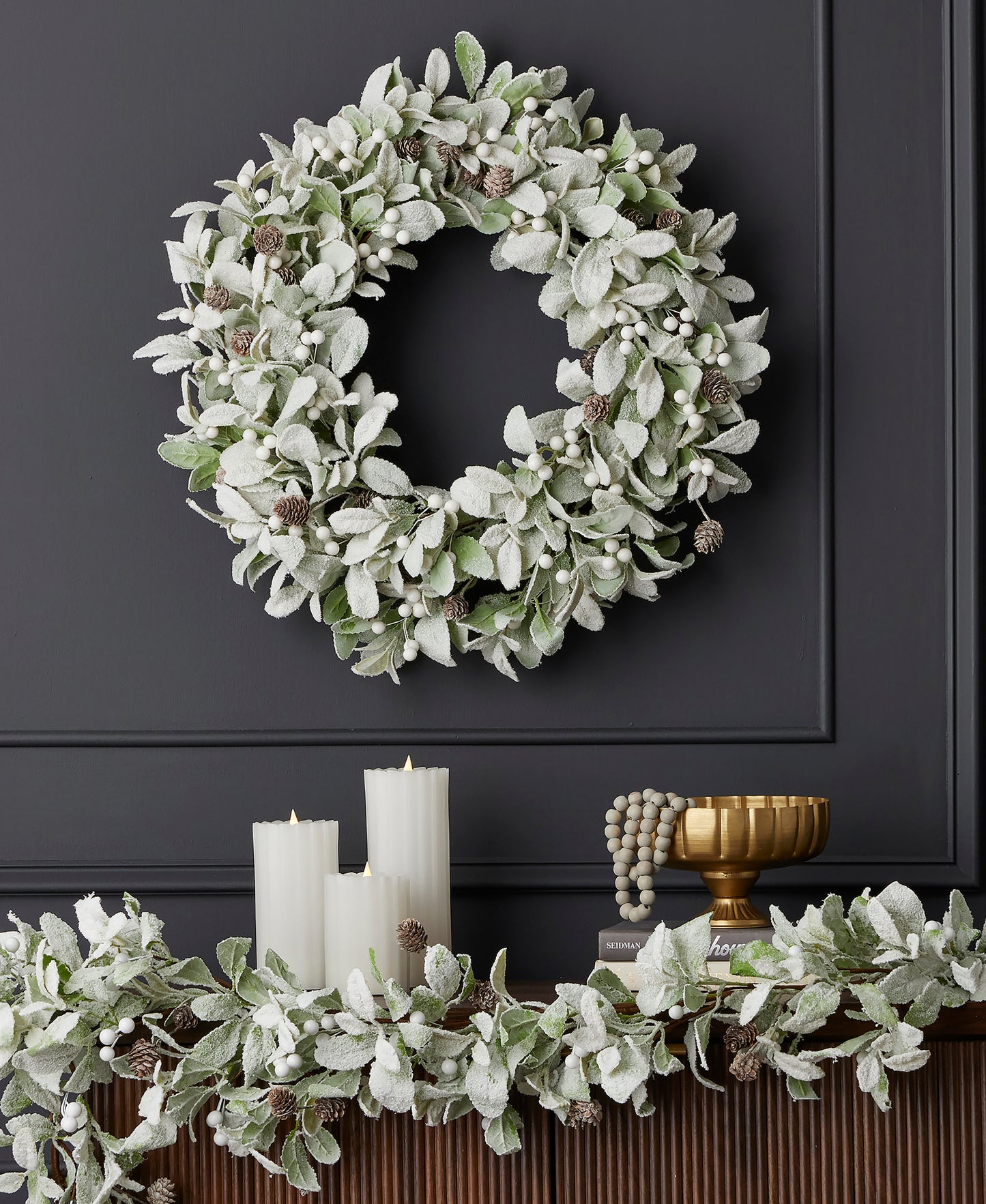 Snowy Lambs Ear and Holly Berry 24in Wreath-White