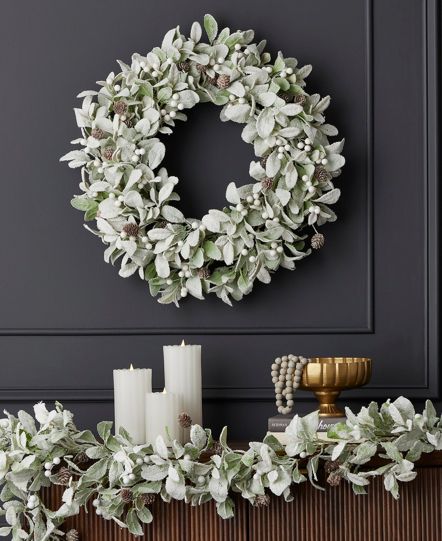Snowy Lambs Ear and Holly Berry 9ft Garland-White